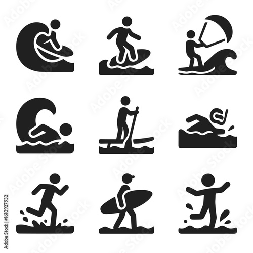 Ocean Wave Activities Icons. Solid, filled icon set of recreational ocean wave activities: bodyboard, skimboard, kite surfing,