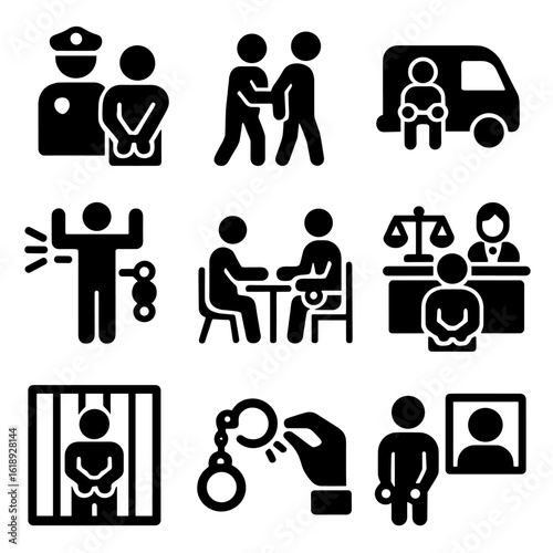 Handcuff Usage Icons. Solid, filled icon set of handcuff usage scenarios: arrest, escort, prisoner transport, security check,