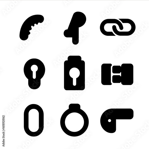 Handcuff Icon Set. Solid, filled icon set of handcuff components: ratchet, locking pawl, chain, keyhole, double lock, hinge, metal