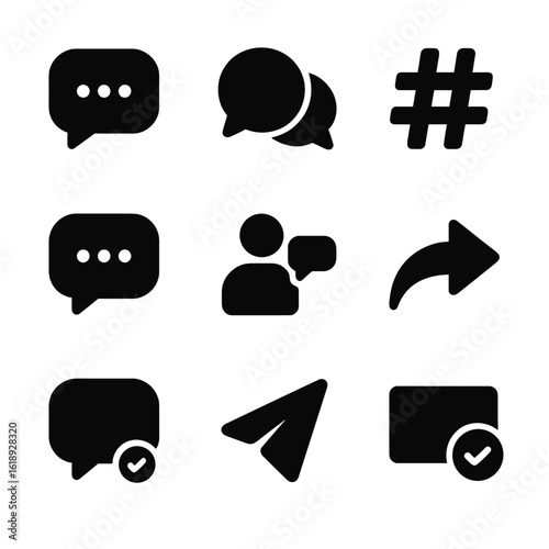 Online Messaging Icons. Solid, filled icon set of online messaging platforms: chat app, group thread, hashtag, typing status, chat
