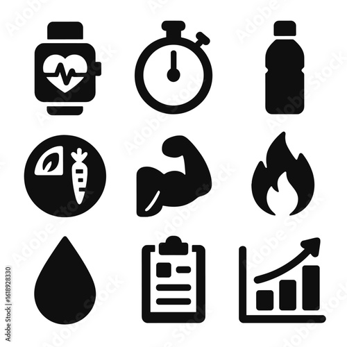 Health Icon Collection. Solid, filled icon set of Health and fitness tracking: heart rate monitor, stopwatch, water intake,
