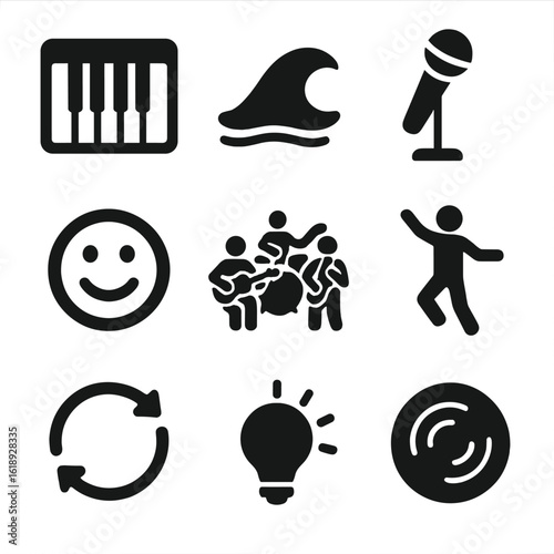 Healing Music Icons. Solid, filled icons set of music improvisation for healing: keyboard, freestyle wave,
