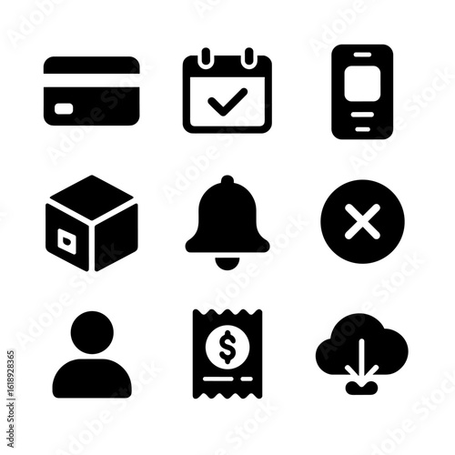 Online Subscription Icons. Solid, filled icon set of managing subscriptions online: credit card, calendar with checkmark,