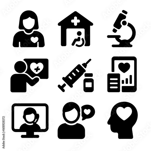 Health Equity Icons. Solid, filled icon set of health equity initiatives: community health worker, accessible clinic, medical