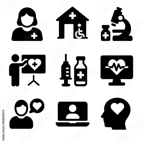 Health Equity Icons. Solid, filled icon set of health equity initiatives: community health worker, accessible clinic, medical