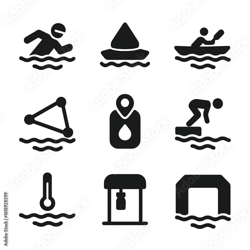 Open Water Icon Set. Solid, filled icon set of open water swimming: wetsuit swimmer, buoy marker, support kayak, swim course, GPS