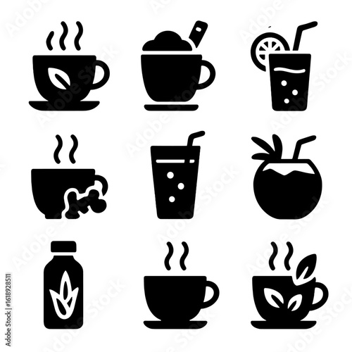 Healthy Drink Icons. Solid, filled icon set of healthy beverage options: green tea cup, turmeric latte, fresh lemon water, ginger