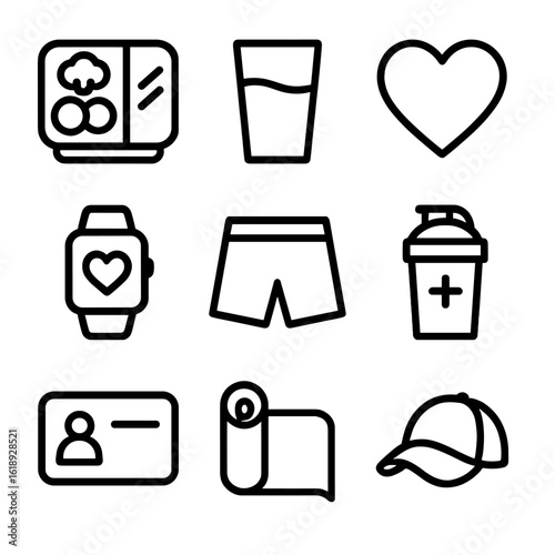 Healthy Lifestyle Icons. Solid, filled icon set of healthy lifestyle support: meal prep box, water glass, heart symbol, sports