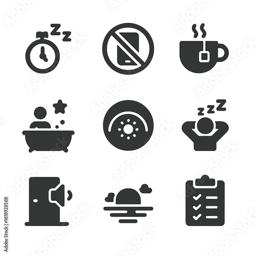 Healthy Sleep Habit Icons. Solid, filled icons set of healthy sleep habits: sleep schedule, no screen icon,