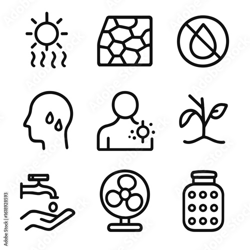 Heatwave Icon Set. Solid, filled icon set of heatwave and drought: sun with heat waves, cracked soil, water shortage, sweat drops,