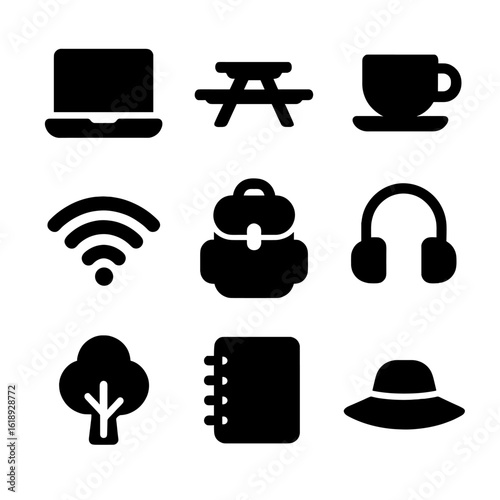 Outdoor Work Icon Set. Solid, filled icon set of outdoor coworking in nature parks: laptop, picnic table, coffee cup, wireless