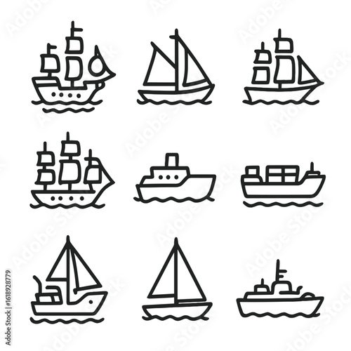 Historic Ship Icons. Solid, filled icon set of ship types in history: galleon, schooner, clipper, frigate, steamship, cargo ship,