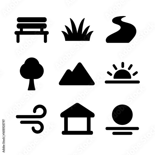 Outdoor Workout Icons. Solid, Filled icon set of outdoor workout environments: park bench, grass field, trail path, tree, mountain