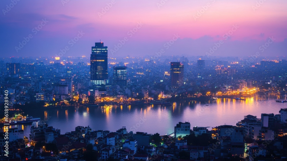 Fototapeta premium City skyline at twilight with illuminated buildings reflecting in the water