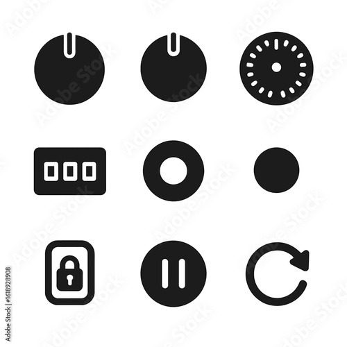 Oven Control Icons. Solid, Filled icon set of oven control panel elements: temperature knob, function selector, timer dial,