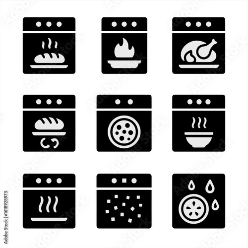 Oven Cooking Icons. Solid, Filled icon set of oven cooking modes: bake, broil, roast, convection bake, pizza mode, proofing, steam