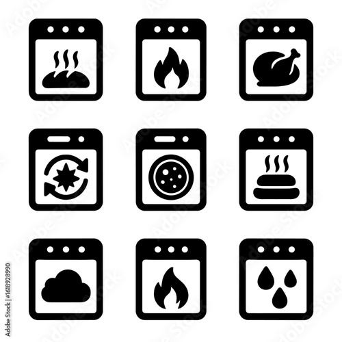 Oven Cooking Icons. Solid, Filled icon set of oven cooking modes: bake, broil, roast, convection bake, pizza mode, proofing, steam