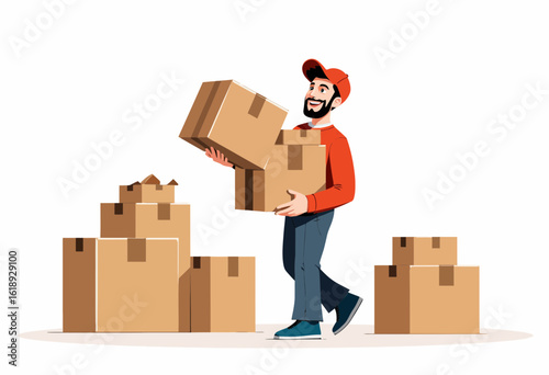 Delivery man carrying boxes while smiling in a warehouse setting  
