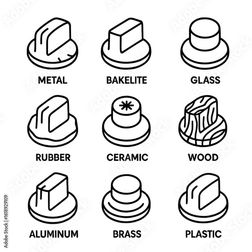 Oven Knob Icon Grid. Outline icon set of oven knob materials: stainless steel, bakelite, glass, silicone, ceramic, wood, aluminum,