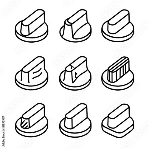 Oven Knob Icon Grid. Outline icon set of oven knob materials: stainless steel, bakelite, glass, silicone, ceramic, wood, aluminum,