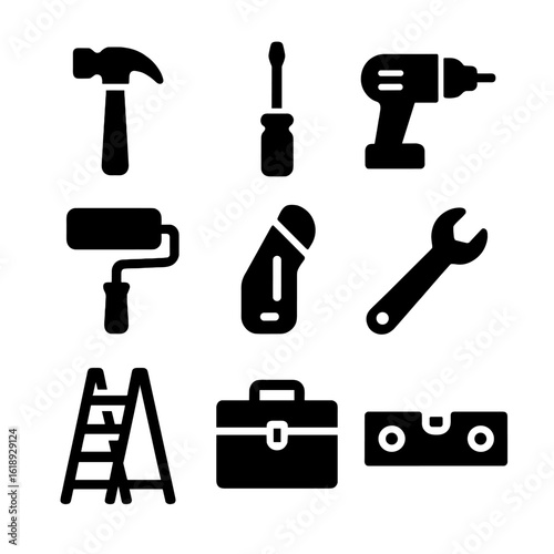 Home Improvement Tools. Solid, filled icon set of home improvement tools: hammer, screwdriver, drill, paint roller, utility knife,