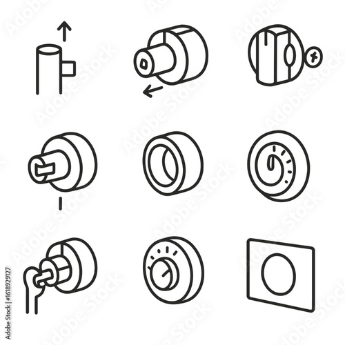 Oven Knob Installation Icons. Outline icon set of oven knob installation steps: shaft alignment, push-on fit, screw-on attachment,