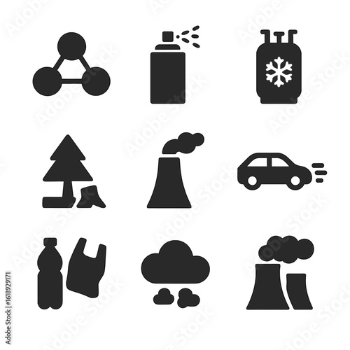 Ozone Depletion Icons. Solid, filled icon set of ozone depletion causes: CFC molecules, aerosol spray, refrigerant, deforestation,