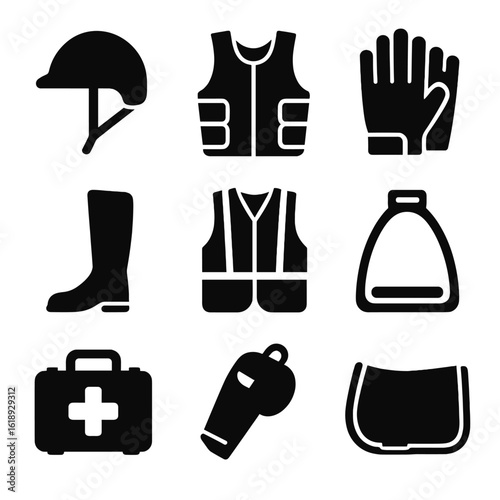 Horse Riding Safety Icons. Solid, filled icon set of horseback riding safety gear: helmet, protective vest, gloves, boots,