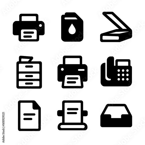 Paper Tech Icons. Solid, filled icon set of paper technology and printing: printer, ink cartridge, scanner, photocopier, laser