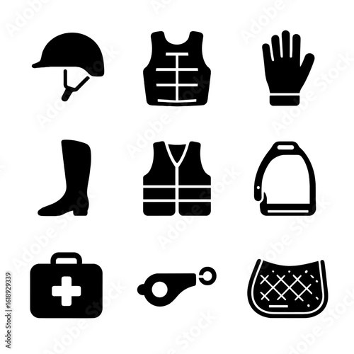 Horse Riding Safety Icons. Solid, filled icon set of horseback riding safety gear: helmet, protective vest, gloves, boots,