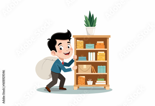 Young boy smiling while organizing bookshelf at home   
