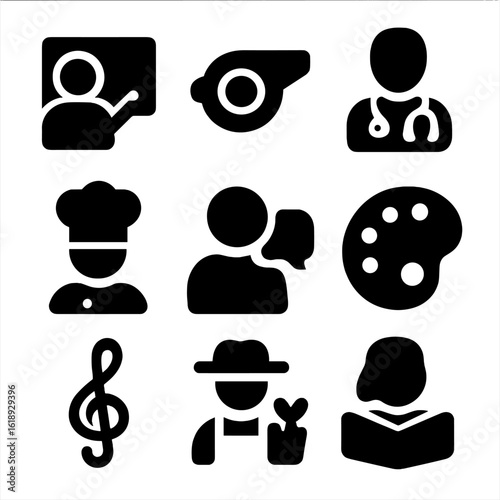 Parental Roles Icons. Solid, filled icon set of parental roles: teacher, coach whistle, doctor stethoscope, chef hat, counselor,