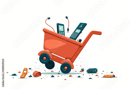 Old mobile phones and accessories in red wheelbarrow on white background  