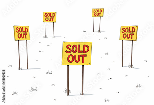 Sold out signs scattered in a field on a white background  