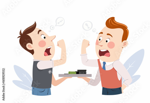 Two animated waiters arguing while serving food on a tray  