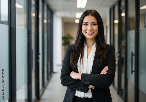 Free Download Confident young professional woman standing in modern office hallway with arms crossed smiling - GFXLoad