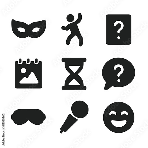 Party Games Icons. Solid, filled icon set of playground bounce equipment: trampoline, bouncing castle, spring rider, bounce pad,