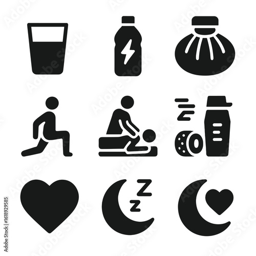 Hydration and Recovery Icons. Solid, filled icon set of hydration and recovery: water glass, electrolyte drink, ice pack, protein