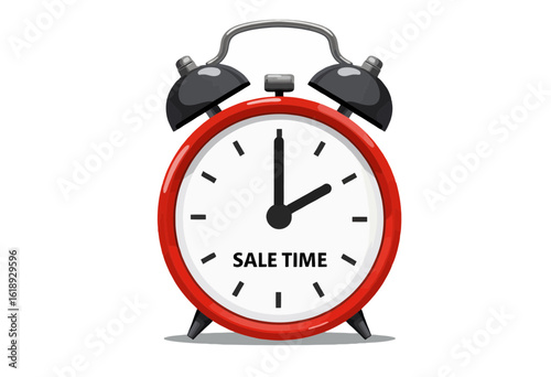 Red alarm clock displaying sale time in modern graphic style  