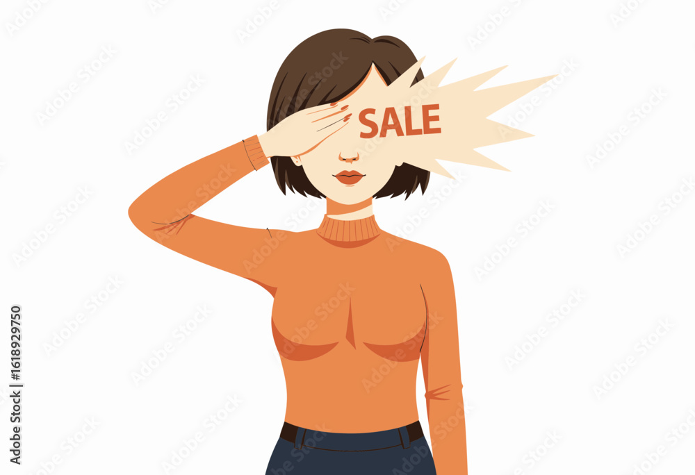 Fototapeta premium Woman covering her eyes with hand while promoting a sale 