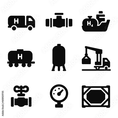 Hydrogen Transport Icons. Solid, filled icon set of hydrogen transportation: tanker truck, pipeline, cargo ship, hydrogen railcar,