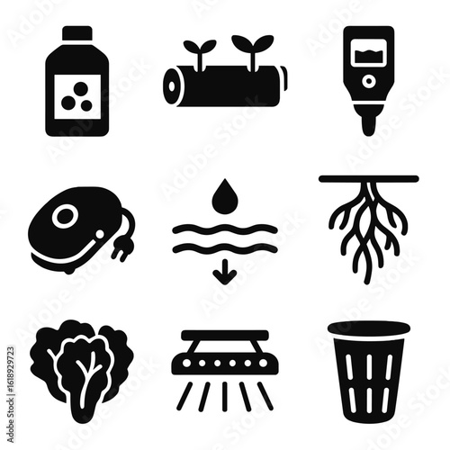 Hydroponic Gardening Icons. Solid, filled icons set of hydroponic gardening: nutrient solution bottle, PVC