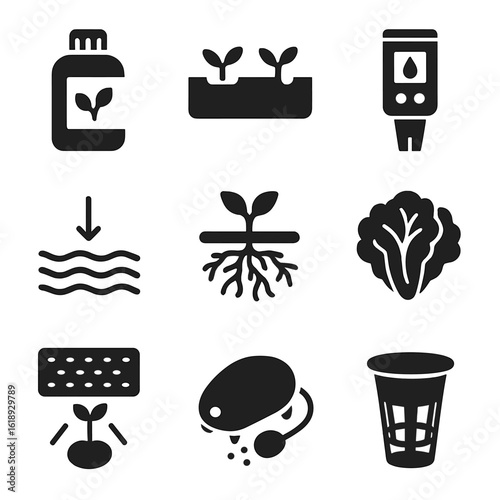 Hydroponic Gardening Icons. Solid, filled icons set of hydroponic gardening: nutrient solution bottle, PVC