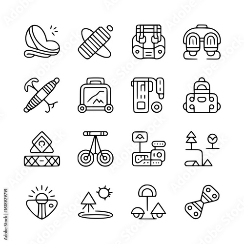 Monochrome line art adventure icon set: sleeping bag, water bottle, backpack, hiking boots, axe, suitcase, first aid kit, duffel bag, tent, unicycle, action camera, trees, signpost, headlamp, sun, lak