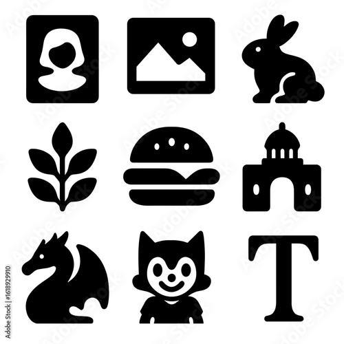 Illustration Icon Grid. Solid, filled icons set of illustration subjects: portrait, landscape, animal,