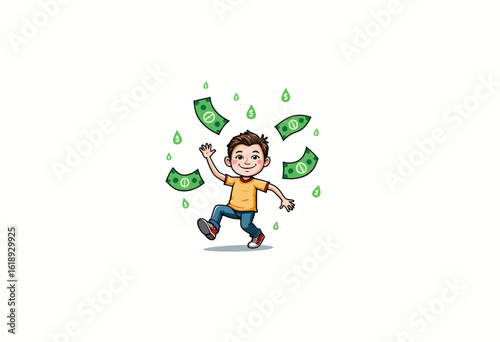 Happy boy dancing with money bills falling around him  
