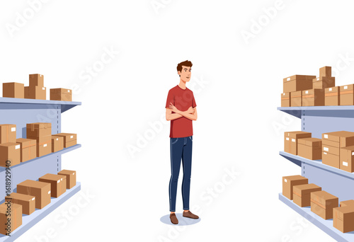 Young man standing with crossed arms in storage area with boxes  