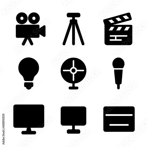 Indie Film Equipment Icons. Solid, filled icon set of indie film equipment: film camera, tripod, lenses, clapperboard, light bulb,