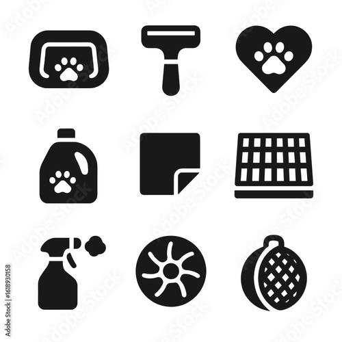 Pet Laundry Icons. Solid, filled icon set of pet-friendly laundry items: pet bed cover, lint remover, fur trap, mild detergent,