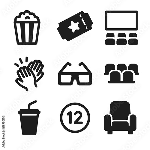 Indie Film Icons. Solid, filled icon set of indie film audience experience: popcorn, ticket stub, film screen, applause hands, 3D